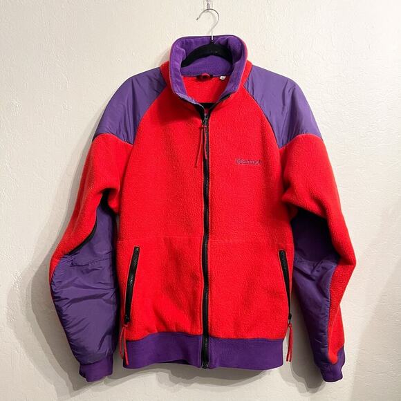 MARMOT Vintage Jacket Mens Large 90's Red Purple Fleece Winter Nylon Full Zip - Picture 1 of 9